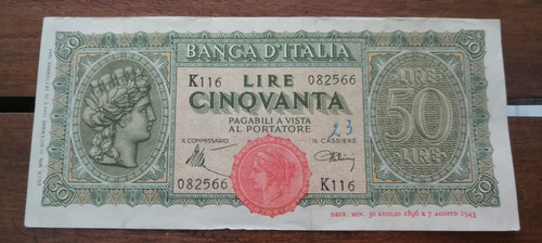 Banconota lire 1944 italia - 50,
